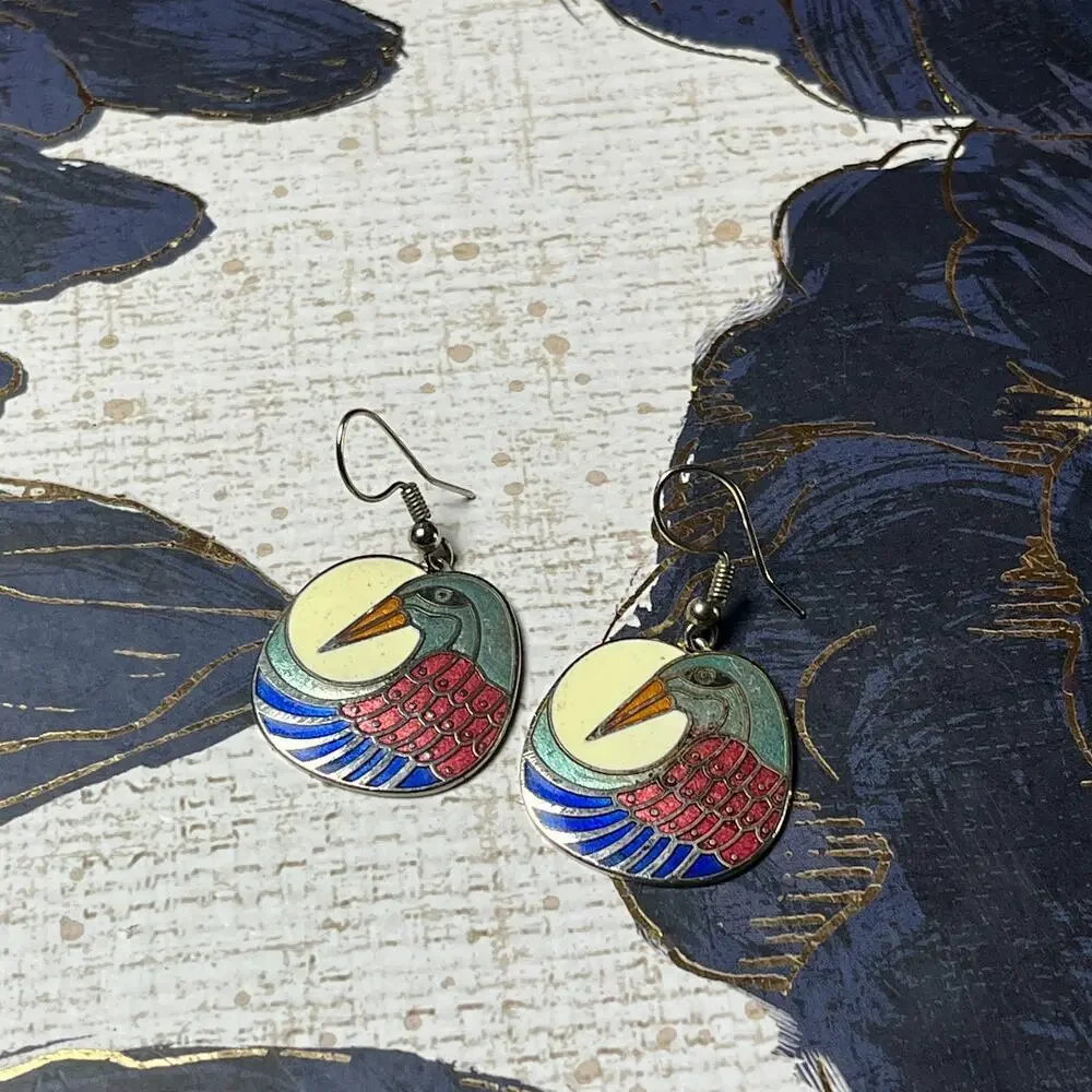 Vintage Silver Tone Enamel Cloisonne Bird Earrings - Picture 4 of 6